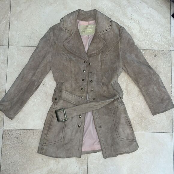 Vintage Montgomery Ward Suede Leather Belted Cowgirl Snap Light Brown Coat - Picture 1 of 12